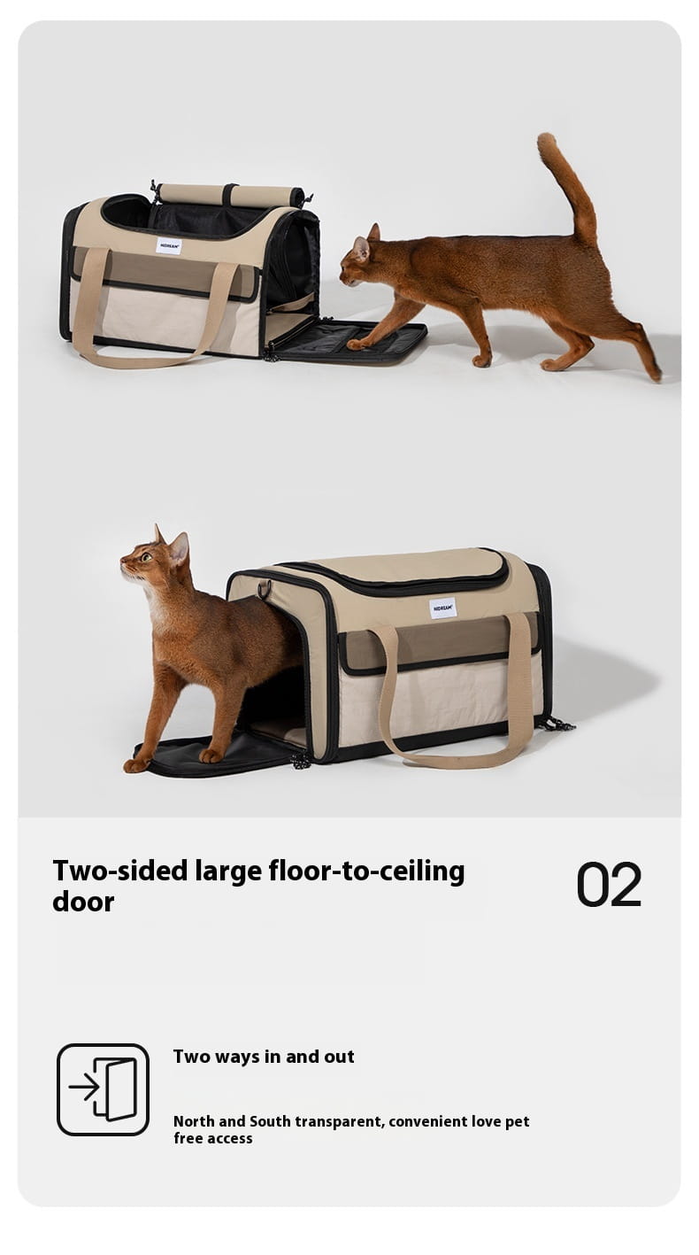 Beige and black cat travel carrier featuring transparent floor-to-ceiling doors and mesh panels for ventilation.