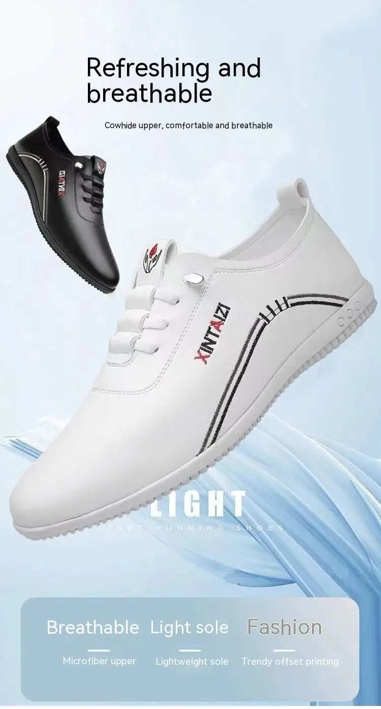 Zapatillas planas casuales de cuero blanco con costuras negras y un logotipo sutil, diseñadas para un uso ligero y transpirable.