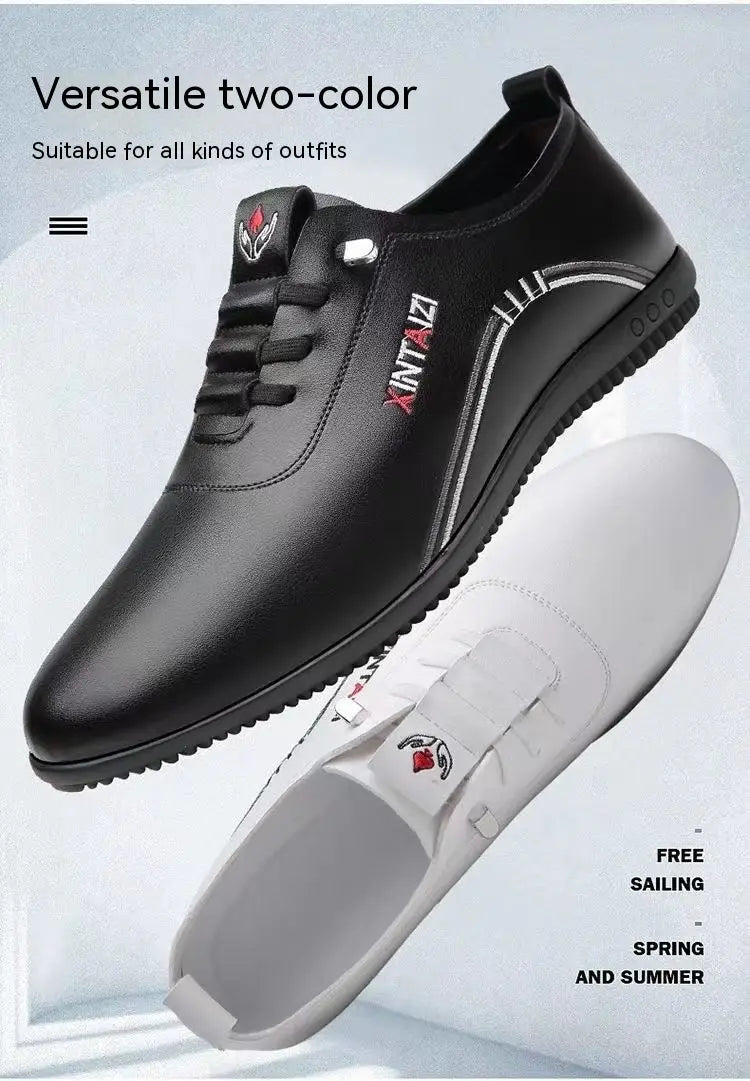 Zapato casual de cuero negro para hombre con costuras blancas y un logotipo rojo sutil en el lateral; presenta un diseño ligero y transpirable, ideal para el uso diario.