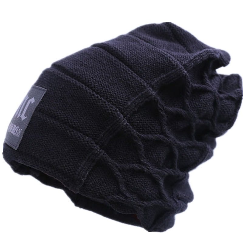 men’s fleece lined knitted winter beanie hat in black with a textured ribbed pattern and a small rectangular patch on the side.