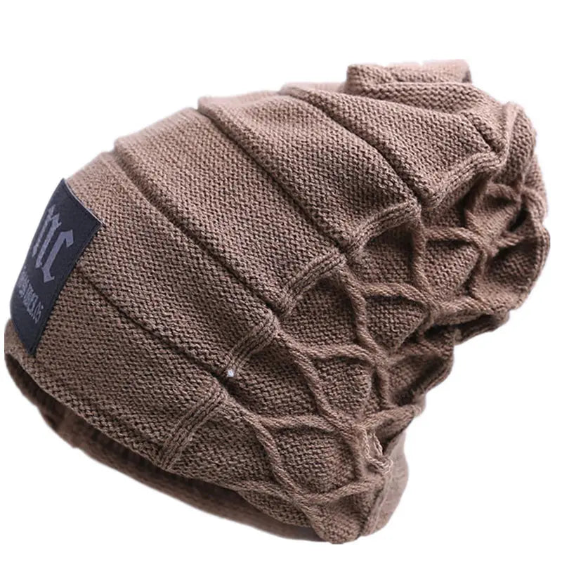 men’s fleece lined knitted winter beanie hat in textured brown with a ribbed pattern and an embroidered patch on the side