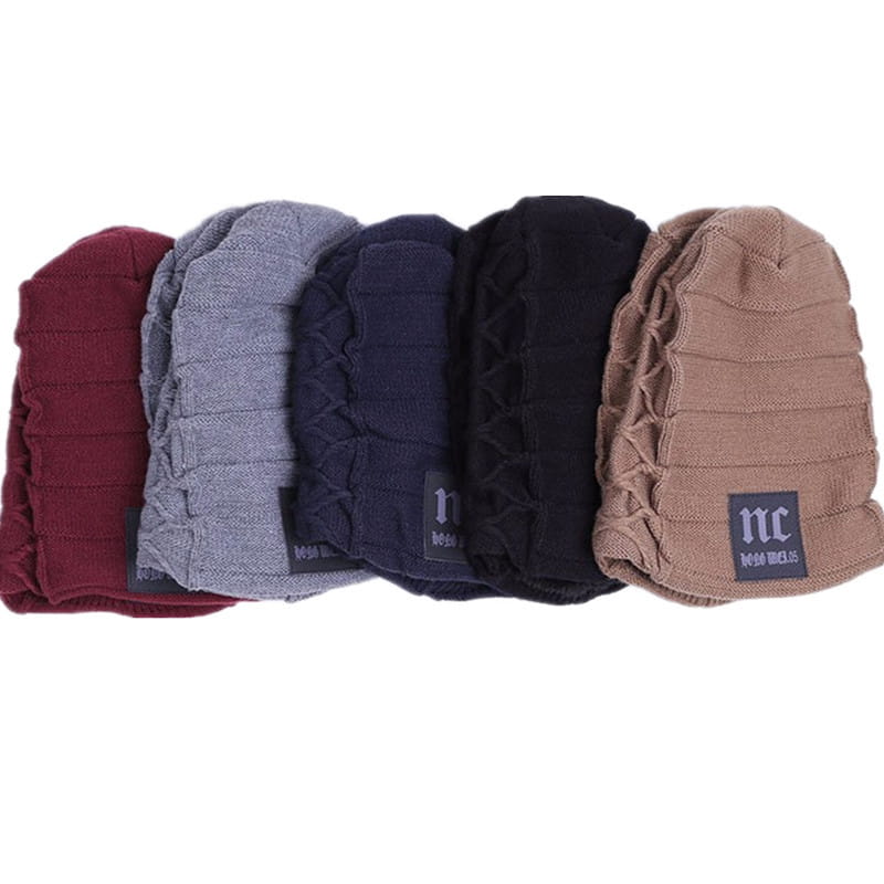 Men’s fleece lined knitted winter beanie hats in maroon gray navy blue black and beige featuring a ribbed texture with braided detailing along the sides.