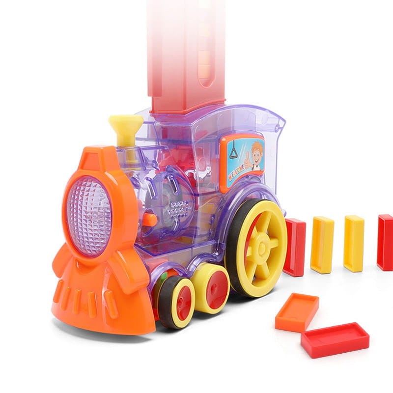 A colorful plastic domino train toy automatic electric building blocks set featuring an orange front, purple transparent body, and yellow wheels.