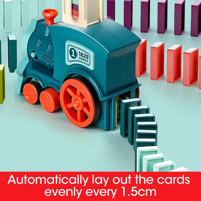 Teal and orange plastic train-shaped domino card organizer with red wheels for the domino train toy automatic electric building blocks set.