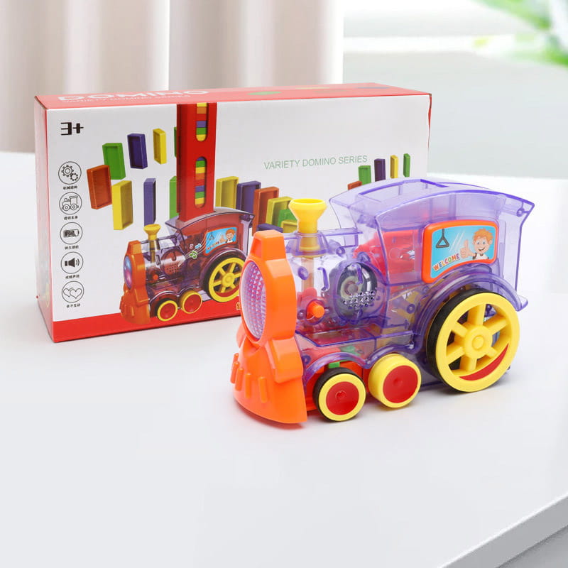 A colorful translucent plastic domino train toy automatic electric building blocks set featuring an orange front, yellow wheels, and red accents.