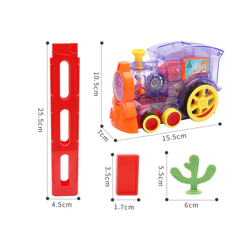 A colorful translucent plastic domino train toy with orange and yellow accents featuring a purple caboose section and red wheels designed as an automatic electric building blocks set.