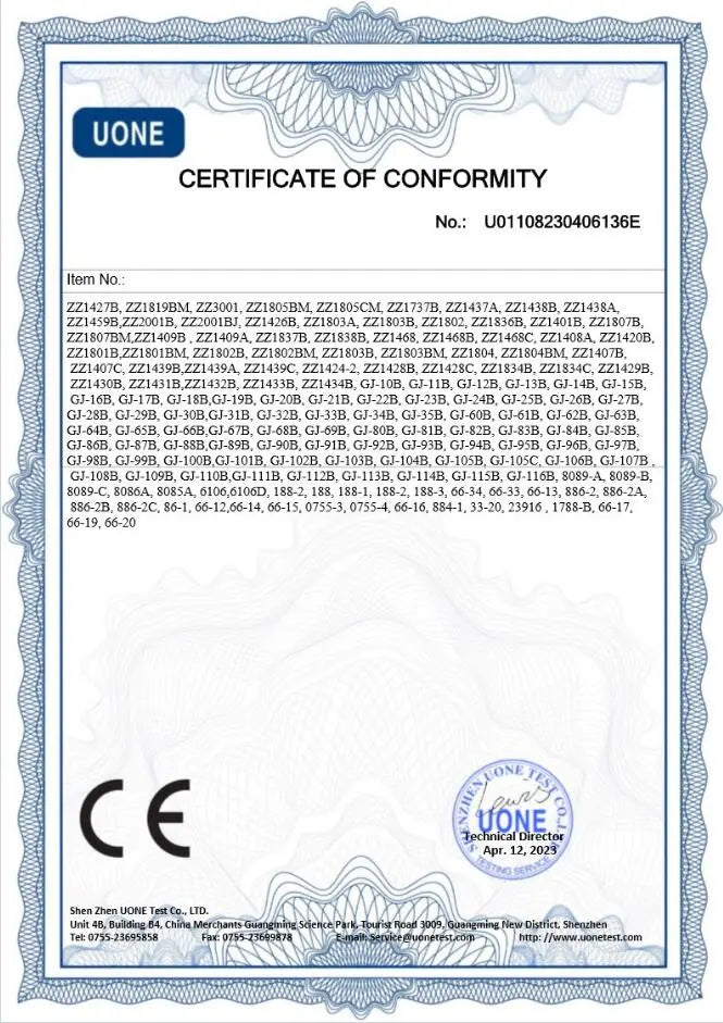 A blue and white ornate border frames a Uone certificate of conformity document with serial number u01108230406136e for the domino train toy automatic electric building blocks set.