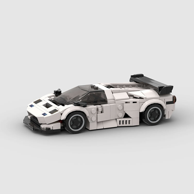 White and black lego technic sports car model diablo gt featuring a sleek aerodynamic design built with interlocking plastic building blocks.