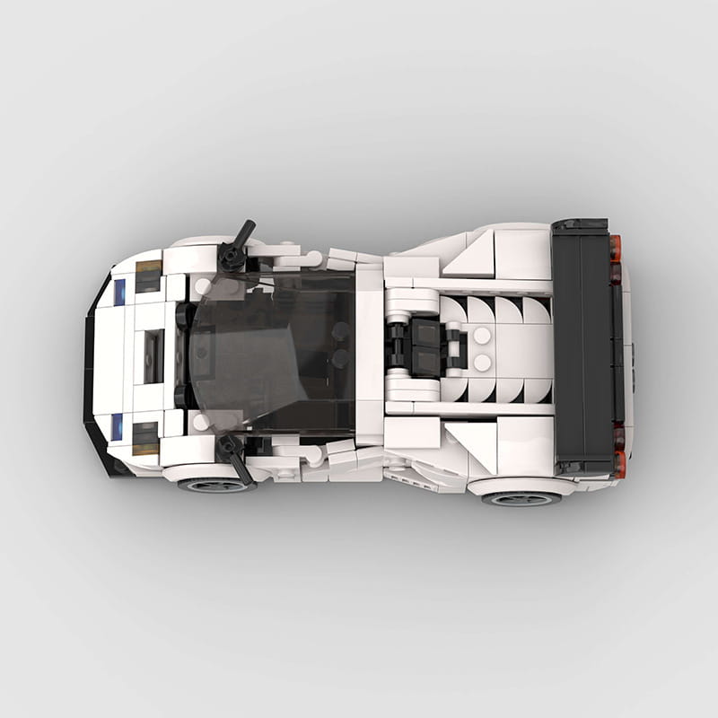 White Lego Technic sports car model Diablo GT with black accents and a transparent cockpit made of building blocks.