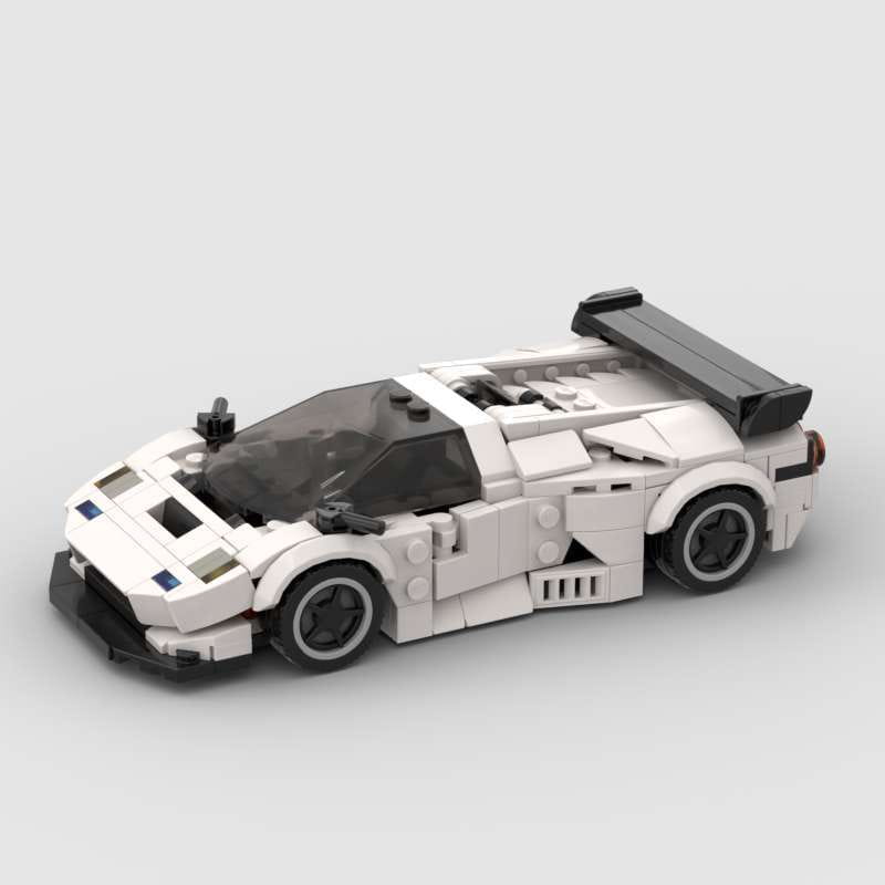 white lego technic sports car model diablo gt with black accents and transparent cockpit made of building blocks for detailed racing car construction