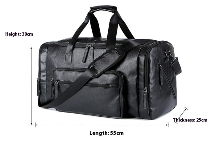 Men’s PU leather travel duffel bag in black featuring multiple zippers and a detachable shoulder strap with 20-35l capacity.
