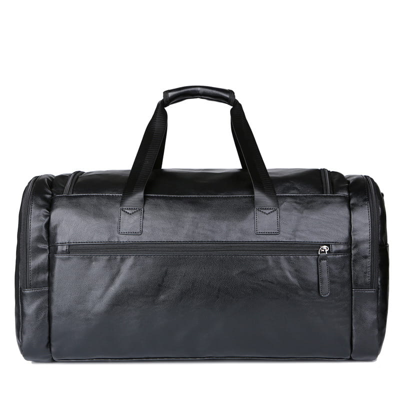 Black leather men’s pu leather travel duffel bag with sturdy handles and multiple zippers for 20-35l capacity.