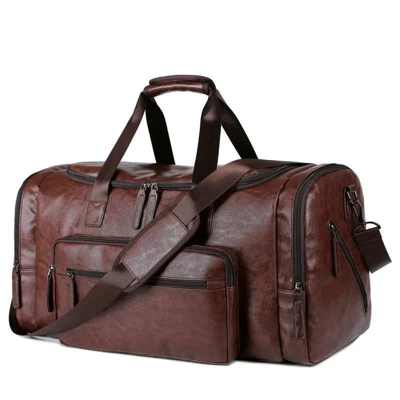 brown leather men’s pu leather travel duffel bag with multiple zippers and detachable shoulder strap for 20-35l capacity travel use