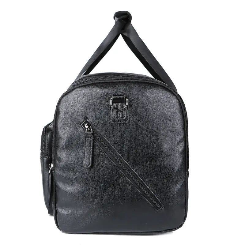 black faux leather men’s travel duffel bag with textured surface and reinforced handles suitable for 20-35l capacity packing