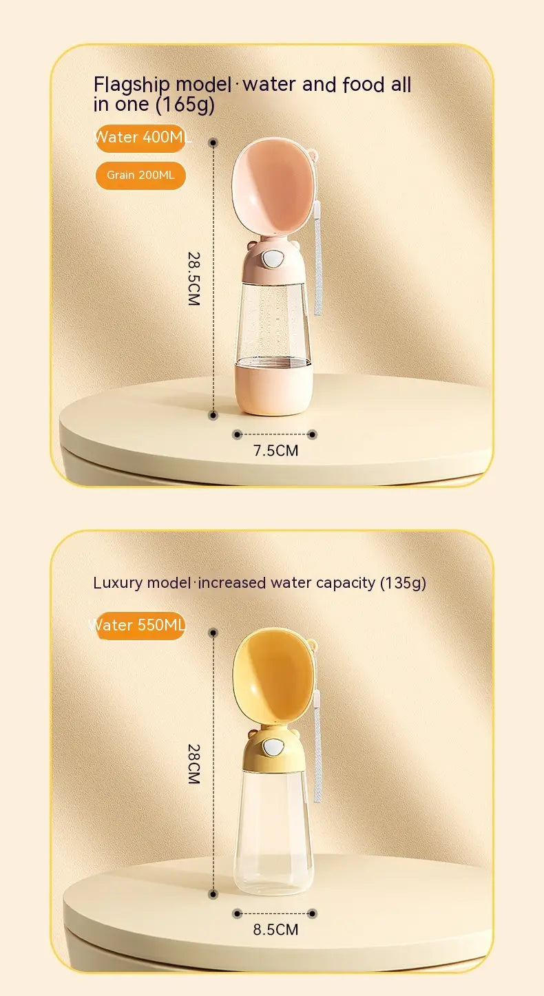 洗練されたツートンカラーの携帯用ドッグ用ウォーターボトル 380ml 旅行用給水フィーダーボウル。半透明のボディとパステルピンクのフタを備えています。