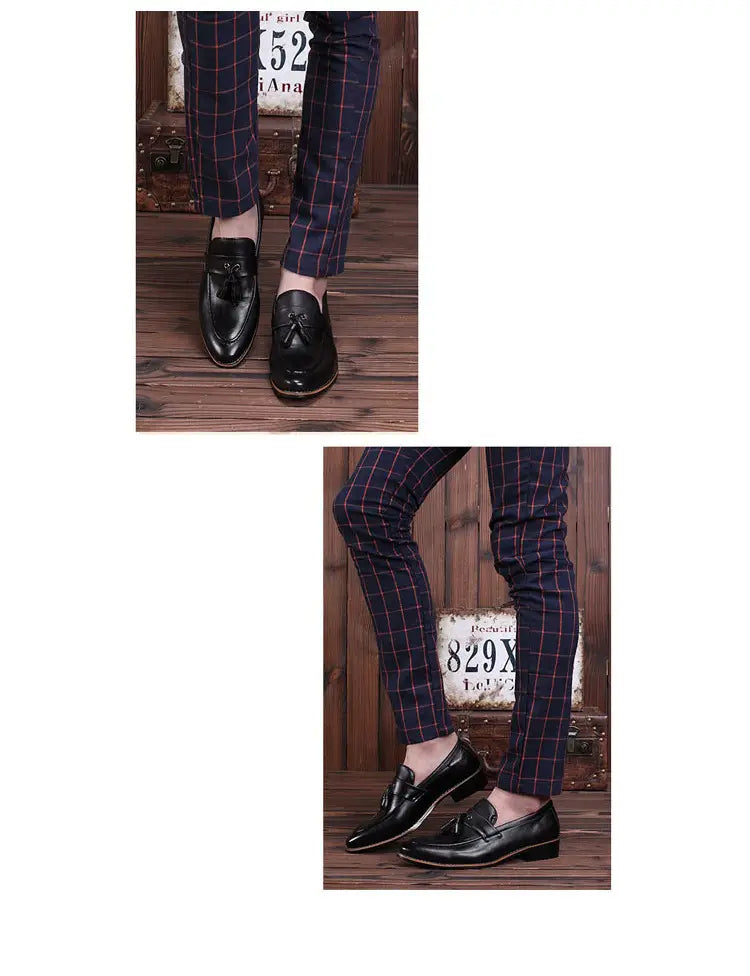 Herren-Britische Retro-Lederloafer in Schwarz mit Quastendetails, die klassischen Stil und Handwerkskunst zur Schau stellen.