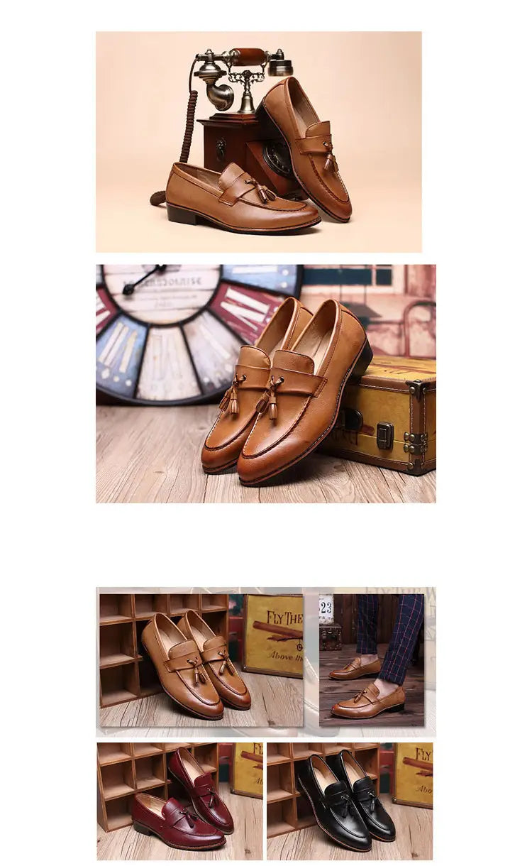 Herren-Britische Retro-Lederloafer in Braun mit Quastendetails, von der Rückseite abgebildet.