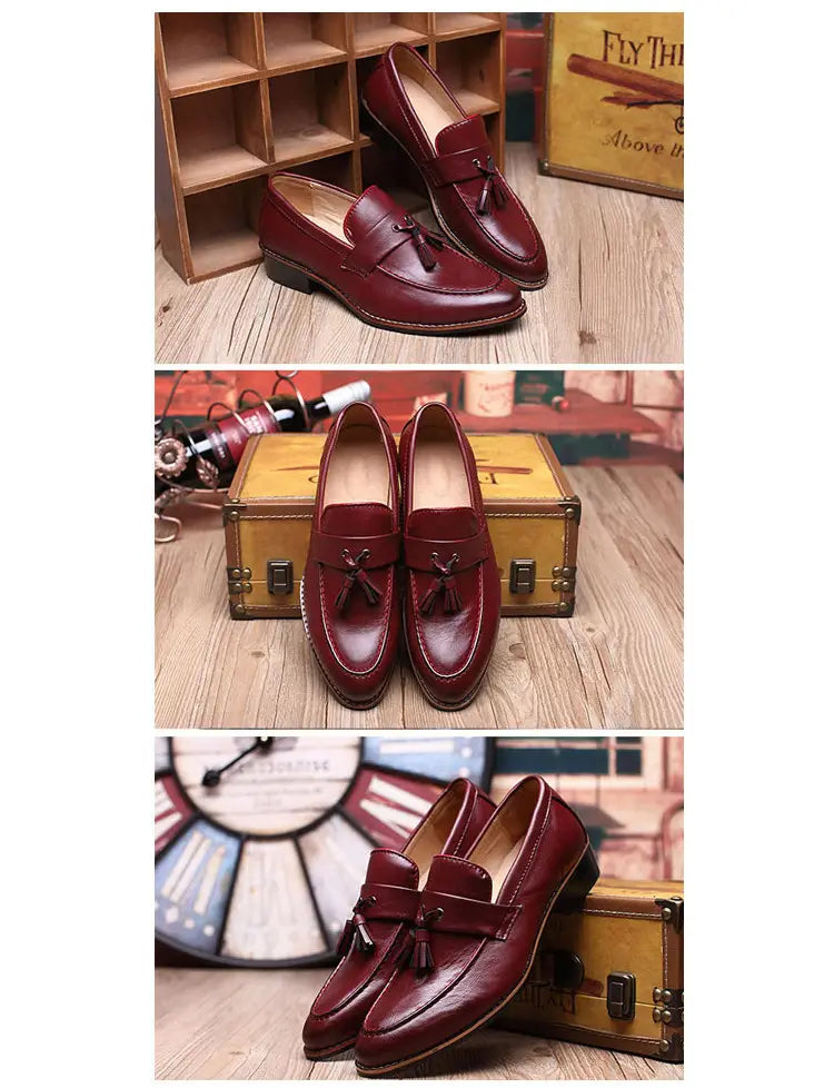 Herren-Britische Retro-Lederloafer mit Quasten in Burgunderrot mit klassischem Quastendetail aus hochwertigem Leder.
