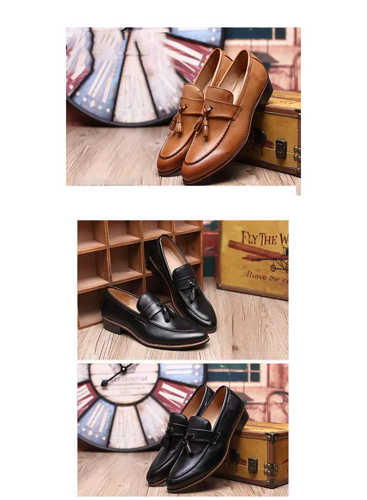 Herren-Britische Retro-Lederloafer mit Quasten in Braun mit klassischem Design und kontrastierenden Nähten.