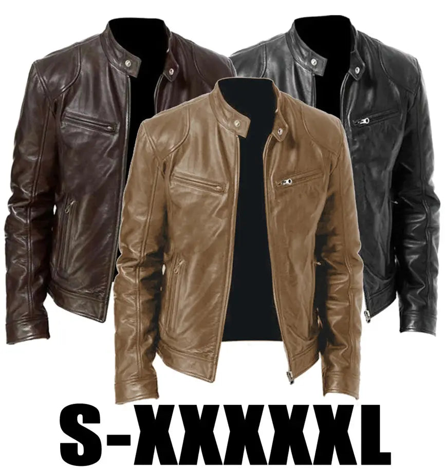 Veste de motard en cuir classique pour homme à coupe ajustée, zippée, type cardigan, dans des tons marron-beige et noir, présentée de face.