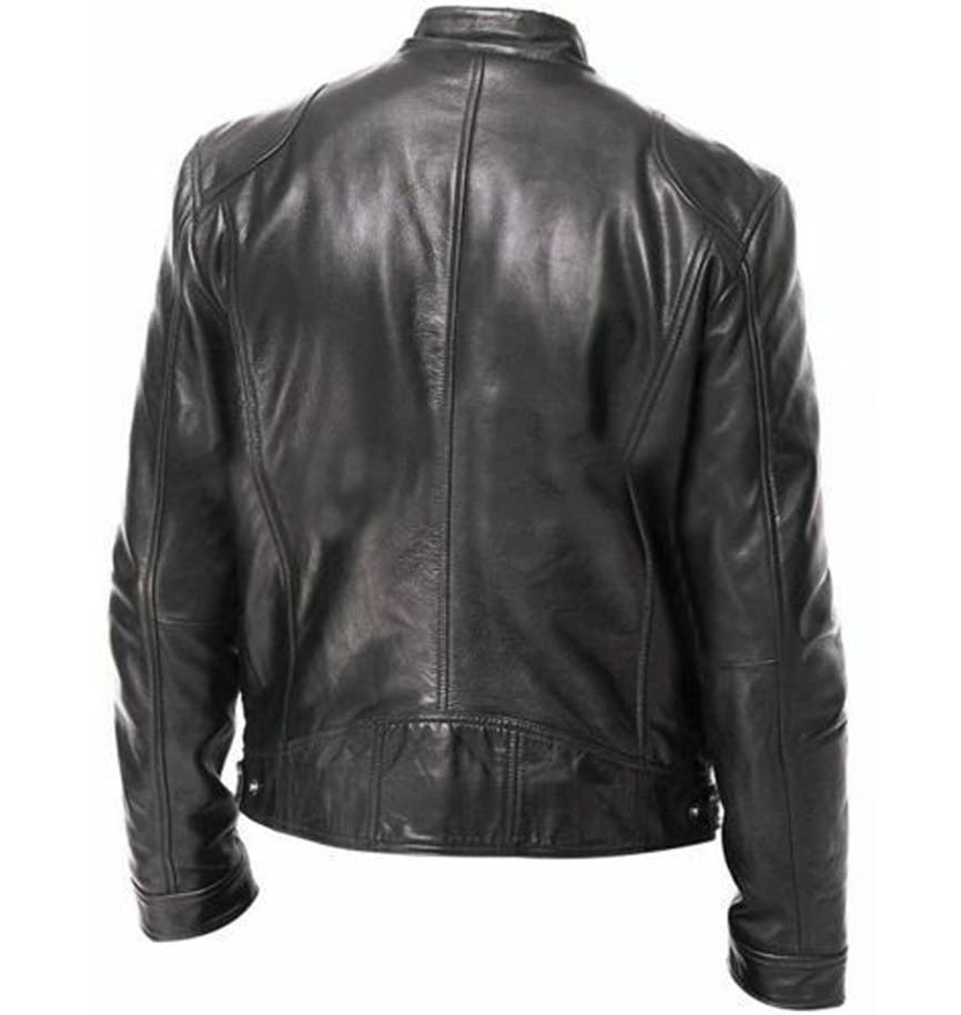 Veste de motard en cuir noire à coupe ajustée, zippée, type cardigan, avec un design classique bien ajusté et une surpiqûre visible le long des coutures.
