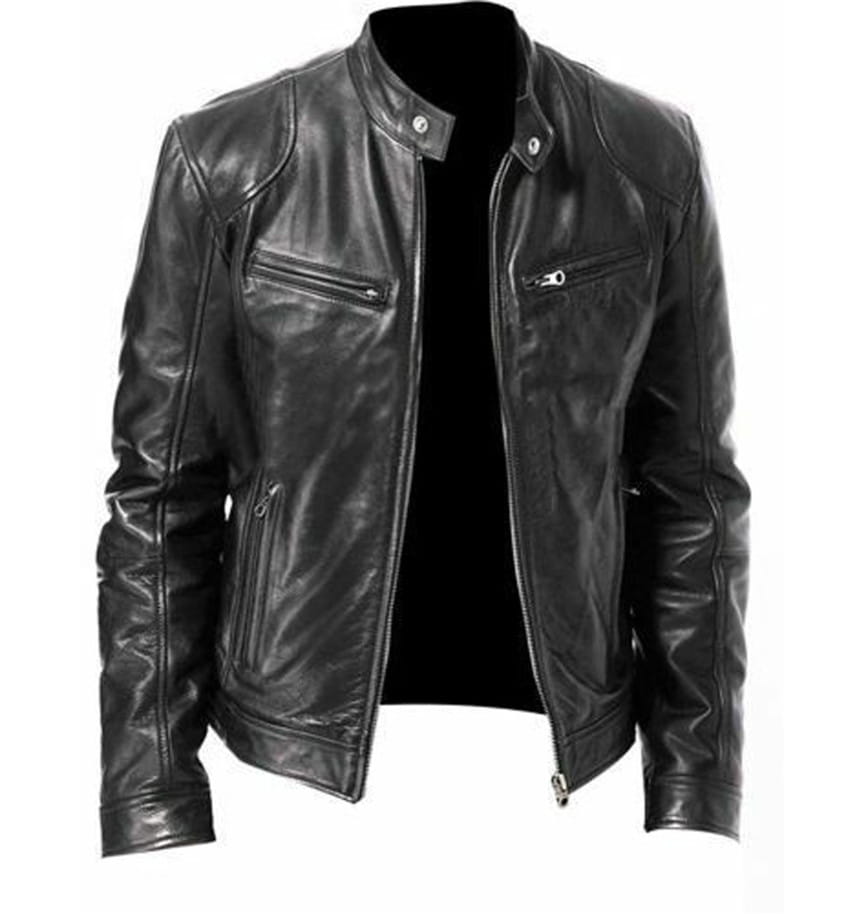 Veste de motard noire à coupe ajustée, en cuir, avec fermetures éclair argentées et boutons pression, conçue comme un cardigan zippé.