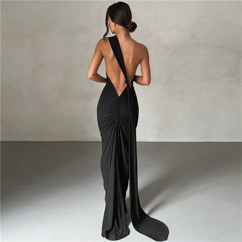 black one shoulder mermaid backless train dress shown from the back with a deep slit and ruched detailing suitable for evening wear