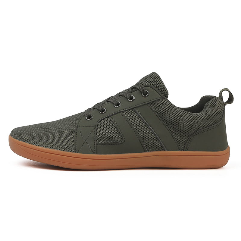 olive green fly-knit wide last sneaker made of breathable mesh with tan rubber sole and black laces