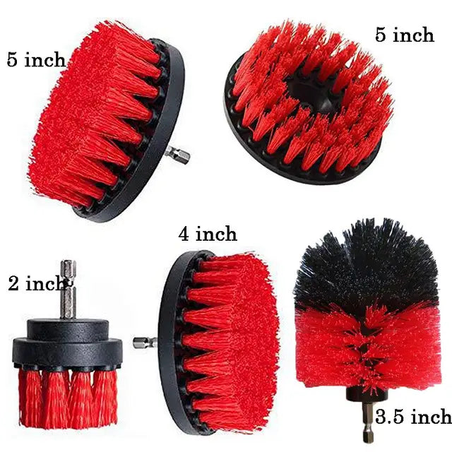 Set of five red and black rotary brush attachments for power tools featuring durable bristles in various sizes ideal for kitchen and car cleaning.