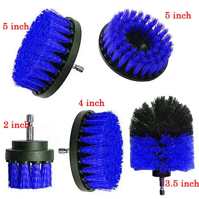 Set of five blue bristle drill brush attachments with black plastic bases and metal shafts for kitchen and car cleaning.