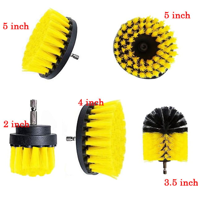 Set of five yellow bristle drill brush attachments with black plastic bases and metal shafts in sizes 2 inch, 3.5 inch, 4 inch, and 5 inch for kitchen and car cleaning.