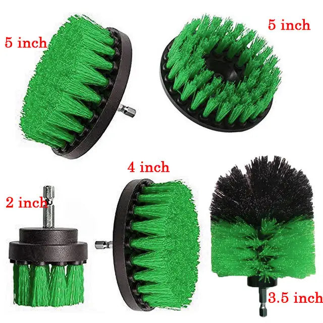 Set of five green and black drill brush attachments with durable bristles in varying sizes from 2 to 5 inches for kitchen and car cleaning.