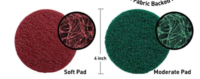 red and green circular drill brush attachment pads with fabric backing and textured surface designed for kitchen and car cleaning