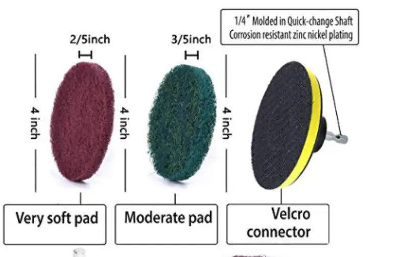 The image shows a drill brush attachment set with three circular abrasive pads in maroon very soft, green moderate, and yellow black colors with a velcro connector for kitchen and car cleaning.