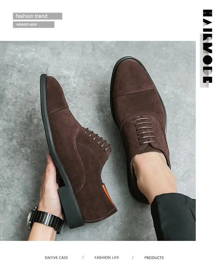 Modern suede business casual oxford shoes in black suede with cap toe lace-up design and stitched detailing.