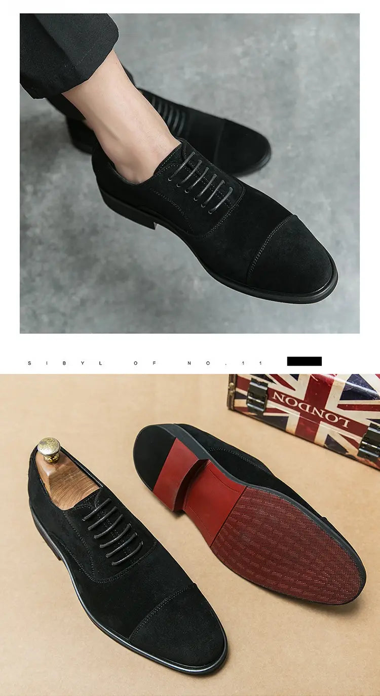 Modern suede business casual oxford shoes in black suede with cap toe lace-up design and stitched detailing.