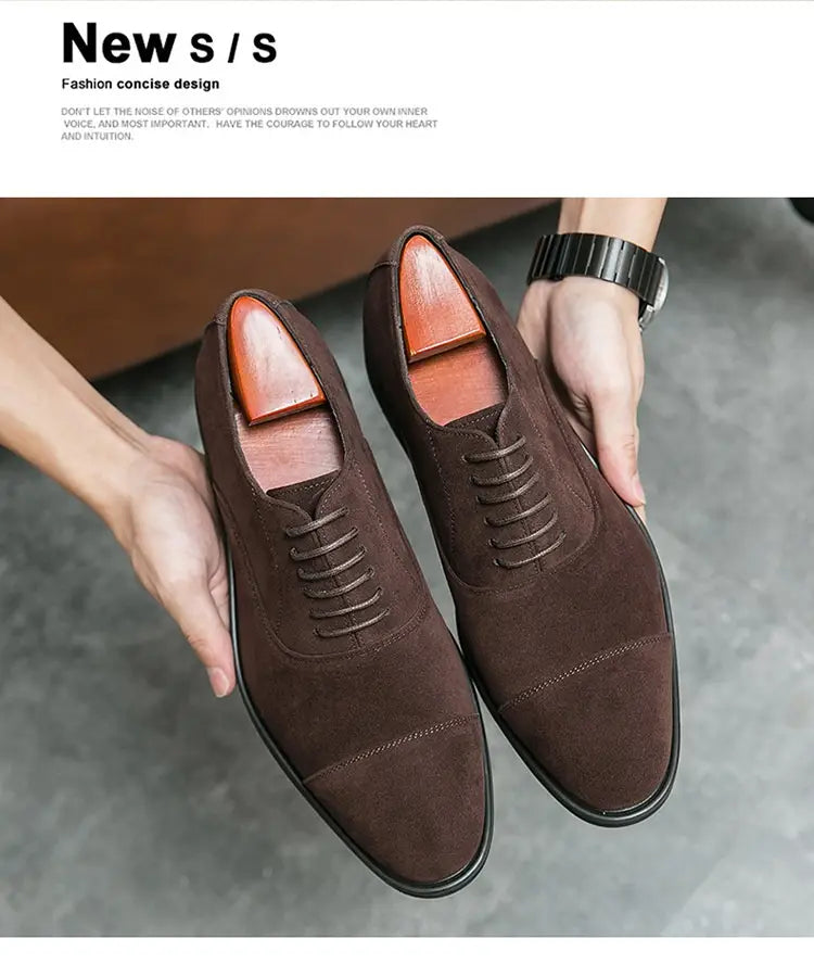 Modern suede business casual oxford shoes in black suede with cap toe lace-up design and stitched detailing.