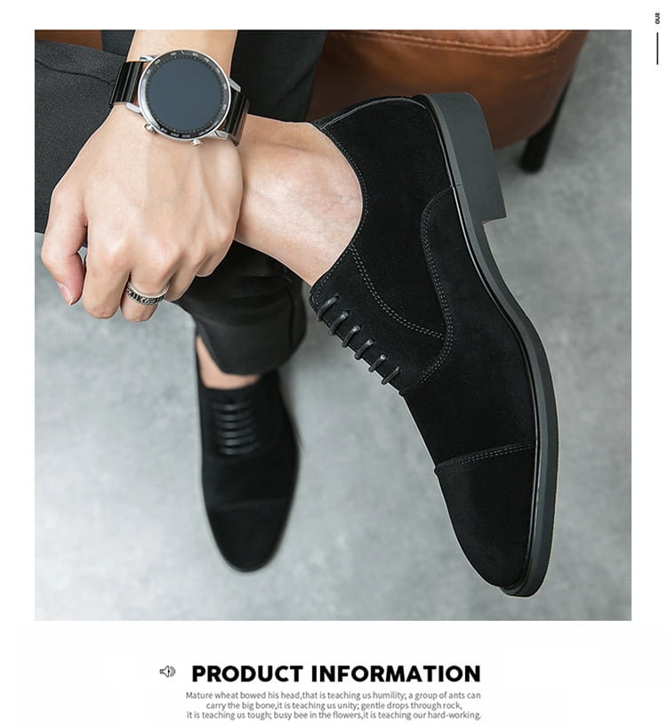 Modern suede business casual oxford shoes in black suede with cap toe lace-up design and stitched detailing.