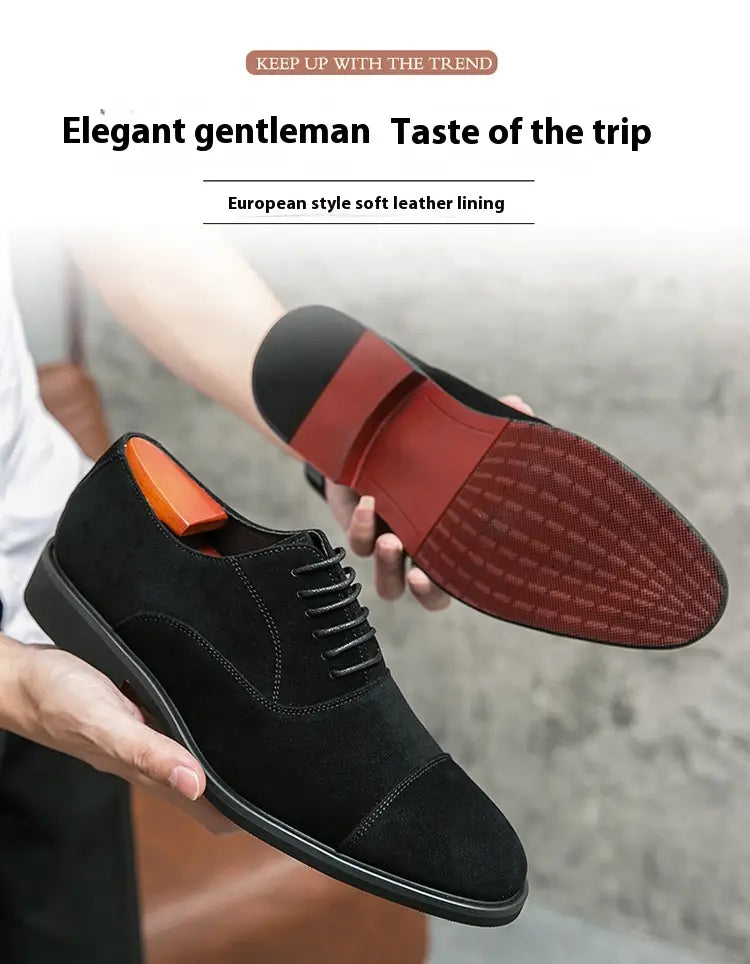 Modern suede business casual oxford shoes in black suede with cap toe lace-up design and stitched detailing.