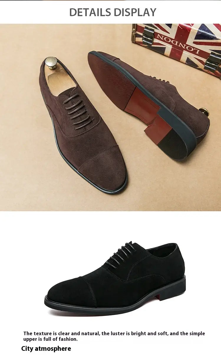 Modern suede business casual oxford shoes in black suede with cap toe lace-up design and stitched detailing.