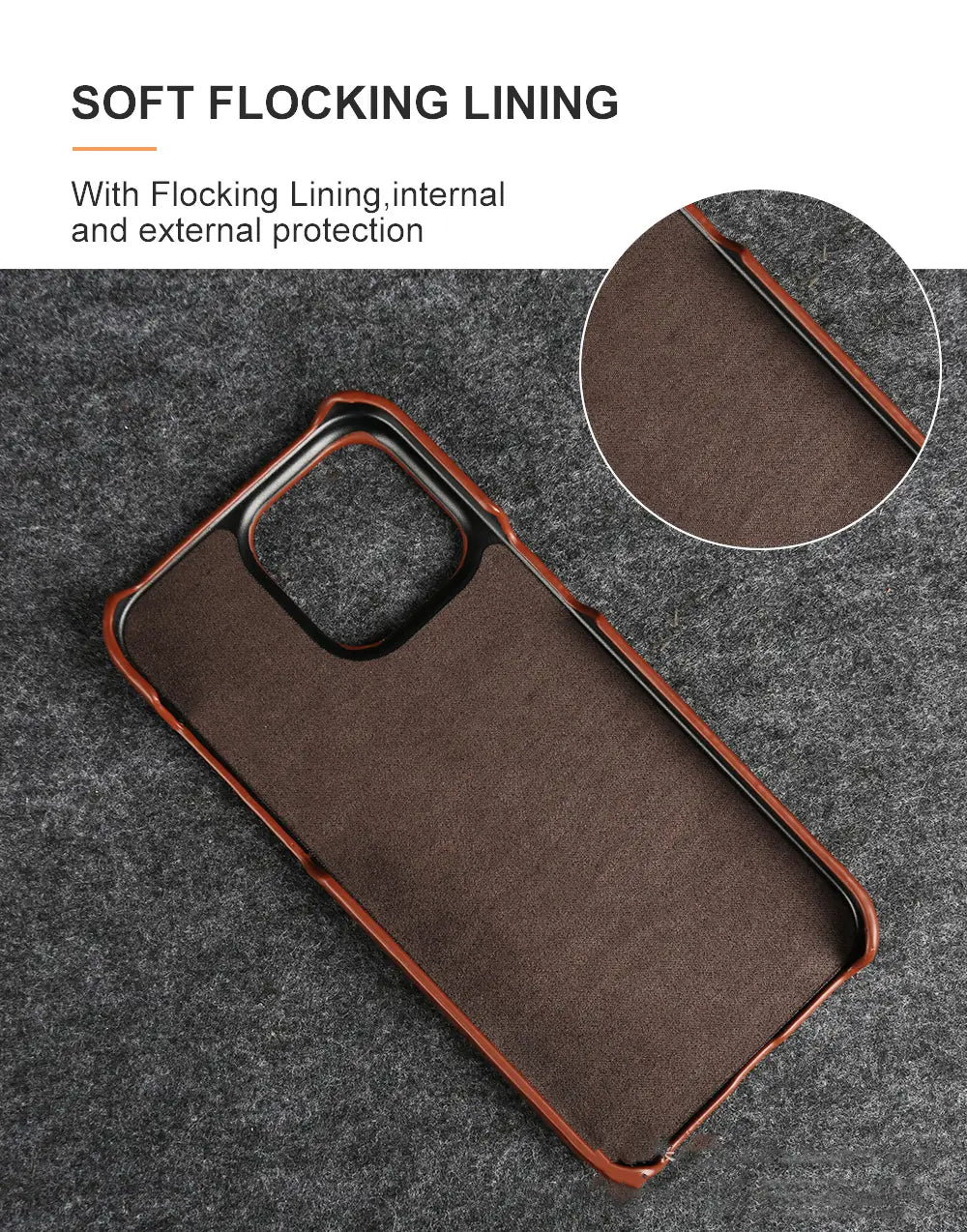 Brown leather iPhone case with soft flocking lining and contrasting reddish-brown metallic frame shown from the back side designed as vintage horse oil drop resistant.