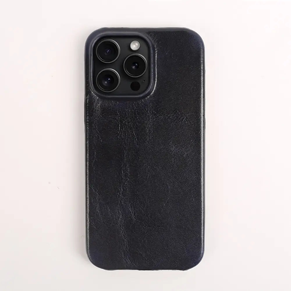 Black leather iphone case vintage horse oil drop resistant with a textured surface and precise camera module cutout shown from the back side.