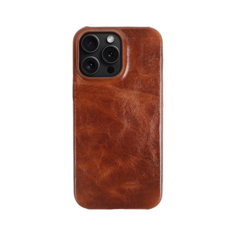 Brown leather iPhone case with a textured vintage horse oil drop resistant finish shown from the back side.