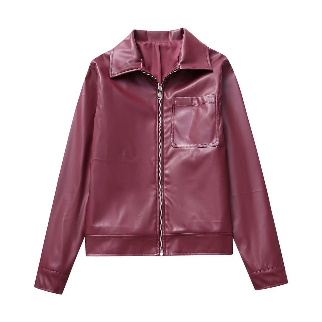 A sleek maroon faux leather biker jacket for women featuring a classic collar and front zipper.