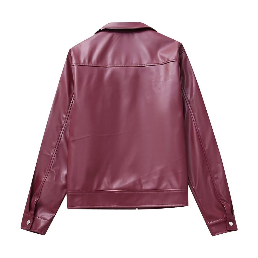 A sleek burgundy faux leather moto jacket for women with a glossy finish and clean stitching.