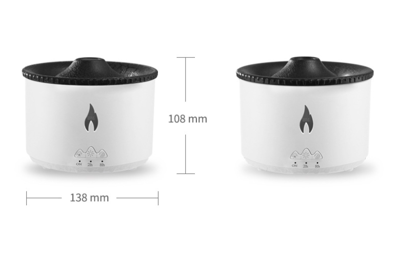 Volcano flame diffuser jellyfish air humidifier in white cylindrical design with black lid featuring flame logo and mountain iconography on the base.