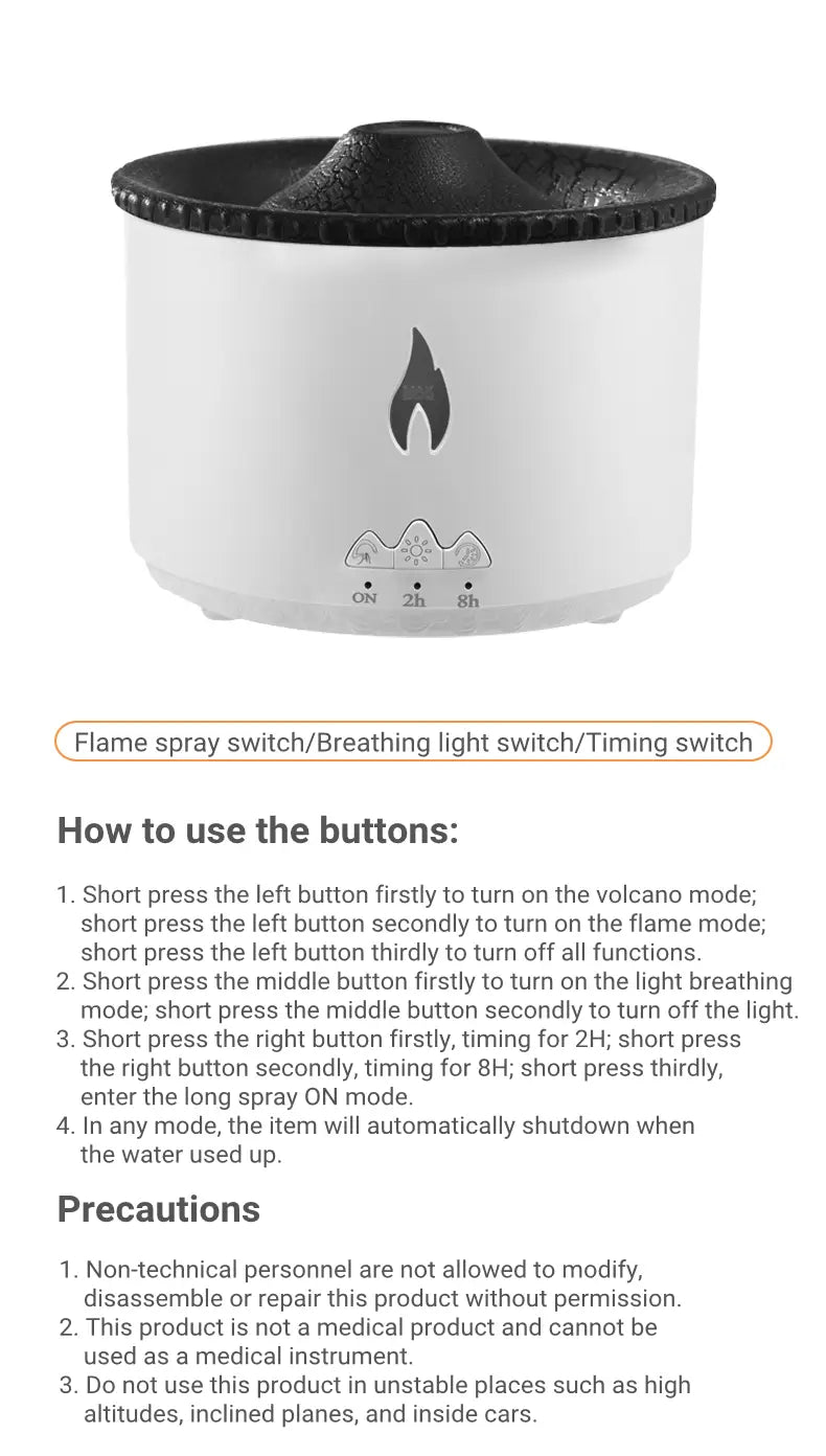White ceramic Volcano Flame Diffuser Jellyfish Air Humidifier with black textured top, flame-shaped logo, and three button controls for various modes.