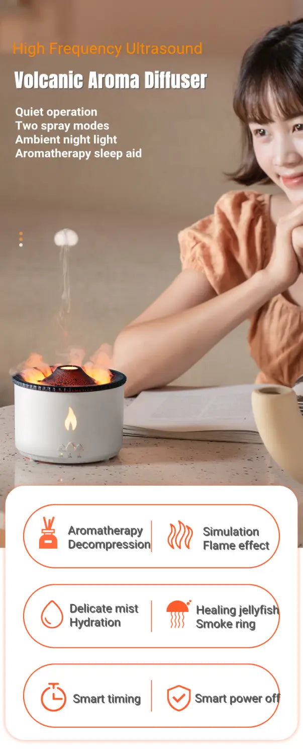 White ceramic volcanic aroma diffuser with black rim and simulated flame effect for jellyfish air humidifier use.