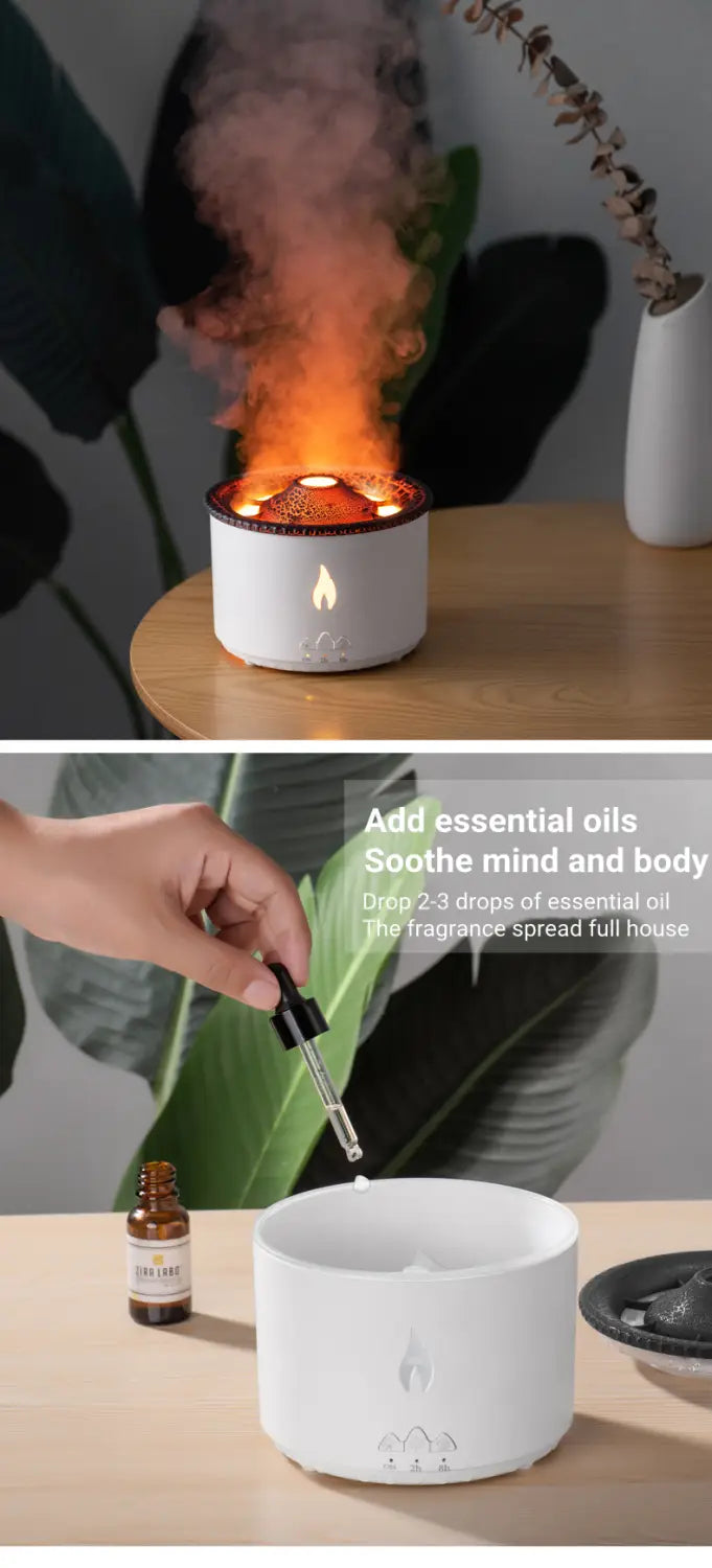 White cylindrical volcano flame diffuser jellyfish air humidifier with flame-like design on top and bottom and illuminated base.
