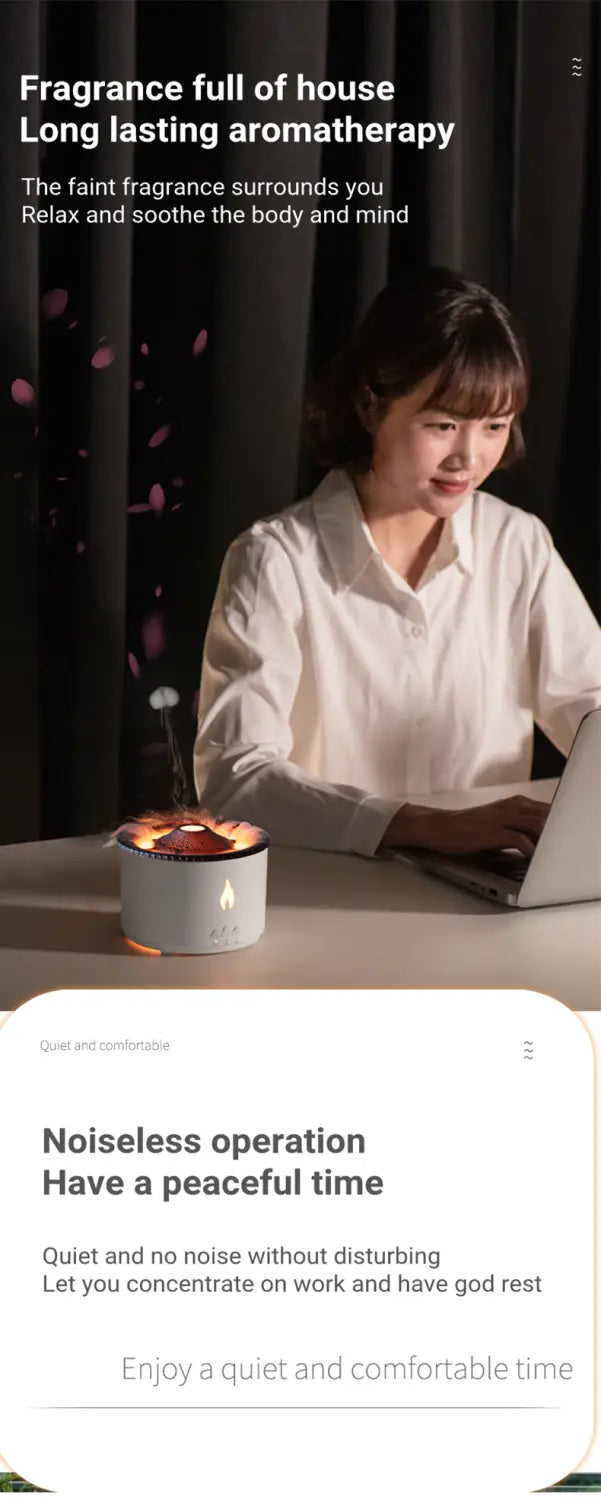 White ceramic Volcano Flame Diffuser jellyfish air humidifier with glowing flame effect and floating petals for aromatherapy.